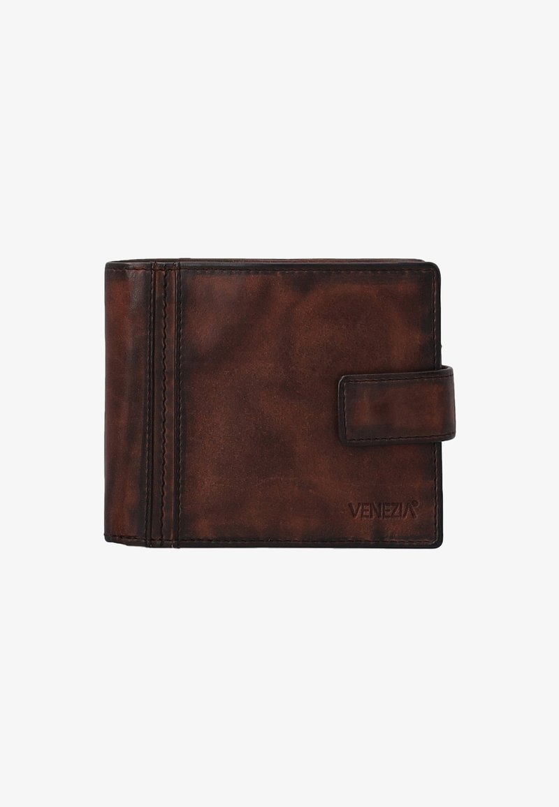 Brązowy skórzany portfel o teksturowanej powierzchni, z zapięciem na zatrzask, wieloma przegródkami na karty oraz obszytymi brzegami. Oznaczony napisem "VENEZIA."