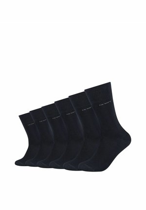 Sei paia di calzini blu scuro. Texture liscia, lunghezza a metà polpaccio, talloni e punte rinforzati. Presenta il nome del marchio stampato in grigio.