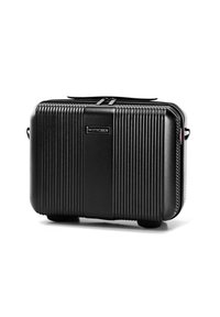 Custodia da viaggio rigida nera con texture a coste verticali, chiusura con zip e logo in evidenza. Presenta una base robusta e un design sottile.