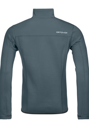 Gray long-sleeved thermal top with a high collar, featuring elastic cuffs and subtle logo detail. Smooth texture with flat seams.