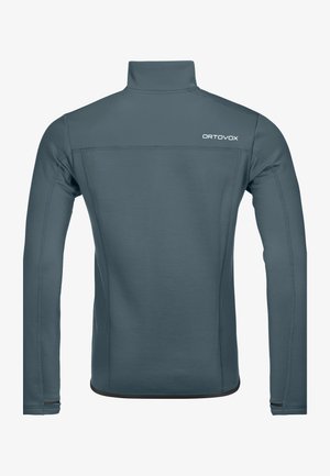 Gray long-sleeved thermal top with a high collar, featuring elastic cuffs and subtle logo detail. Smooth texture with flat seams.