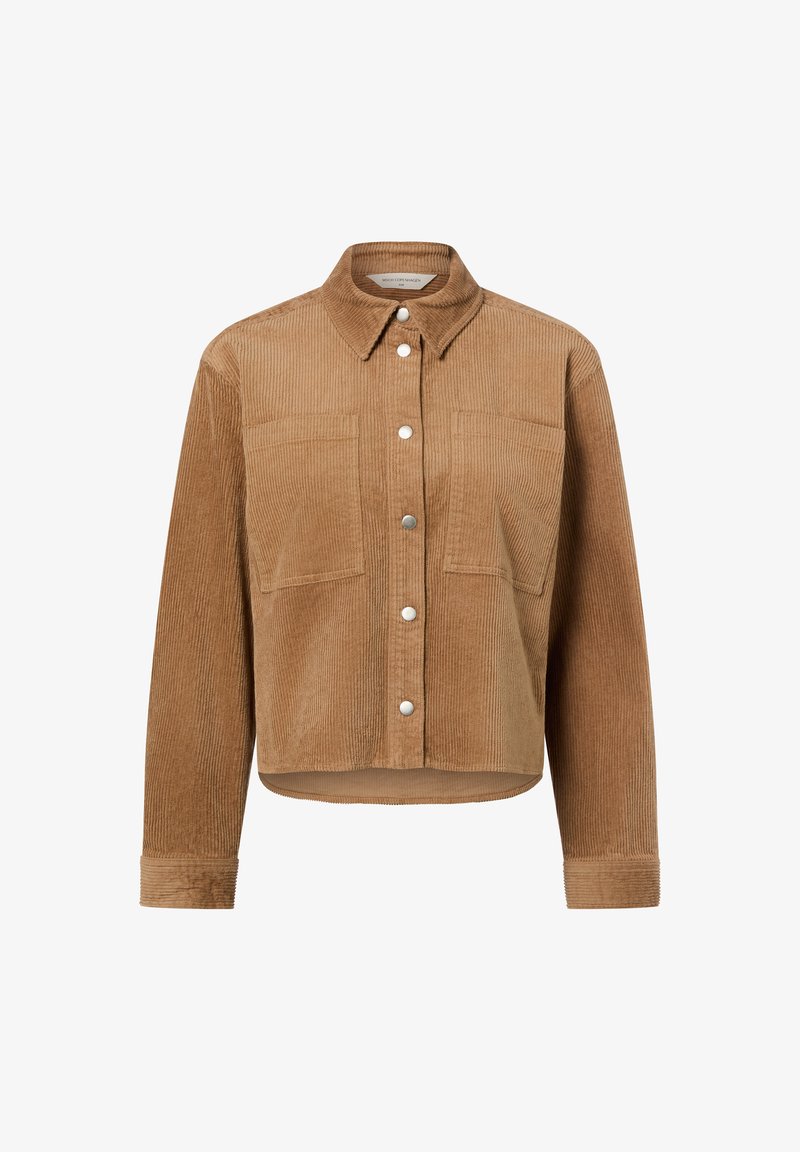 Bruine corduroy jas met knopen, lange mouwen, twee borstzakken en een klassieke kraag.