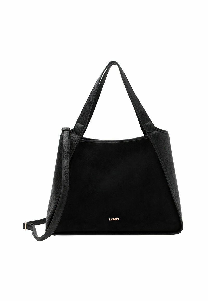 SchwarzeHandtasche mit strukturiertem Äußeren, ausgestattet mit glatten Lederakzenten, doppelten Griffen und einem Logodetail an der Basis. Dreieckige Form.