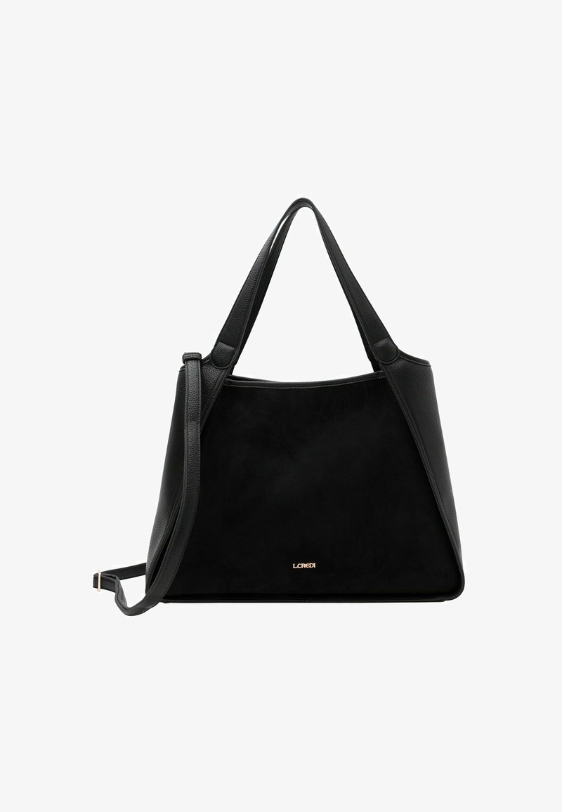 SchwarzeHandtasche mit strukturiertem Äußeren, ausgestattet mit glatten Lederakzenten, doppelten Griffen und einem Logodetail an der Basis. Dreieckige Form.