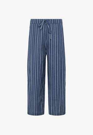 Pantalon large bleu à rayures verticales blanches avec taille à cordon, présenté sur un fond blanc.