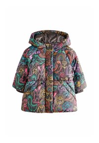 Quilted pufferjakke på mørk baggrund med farverige dyre- og naturmønstre. Har hætte og forlommer for varme og stil.