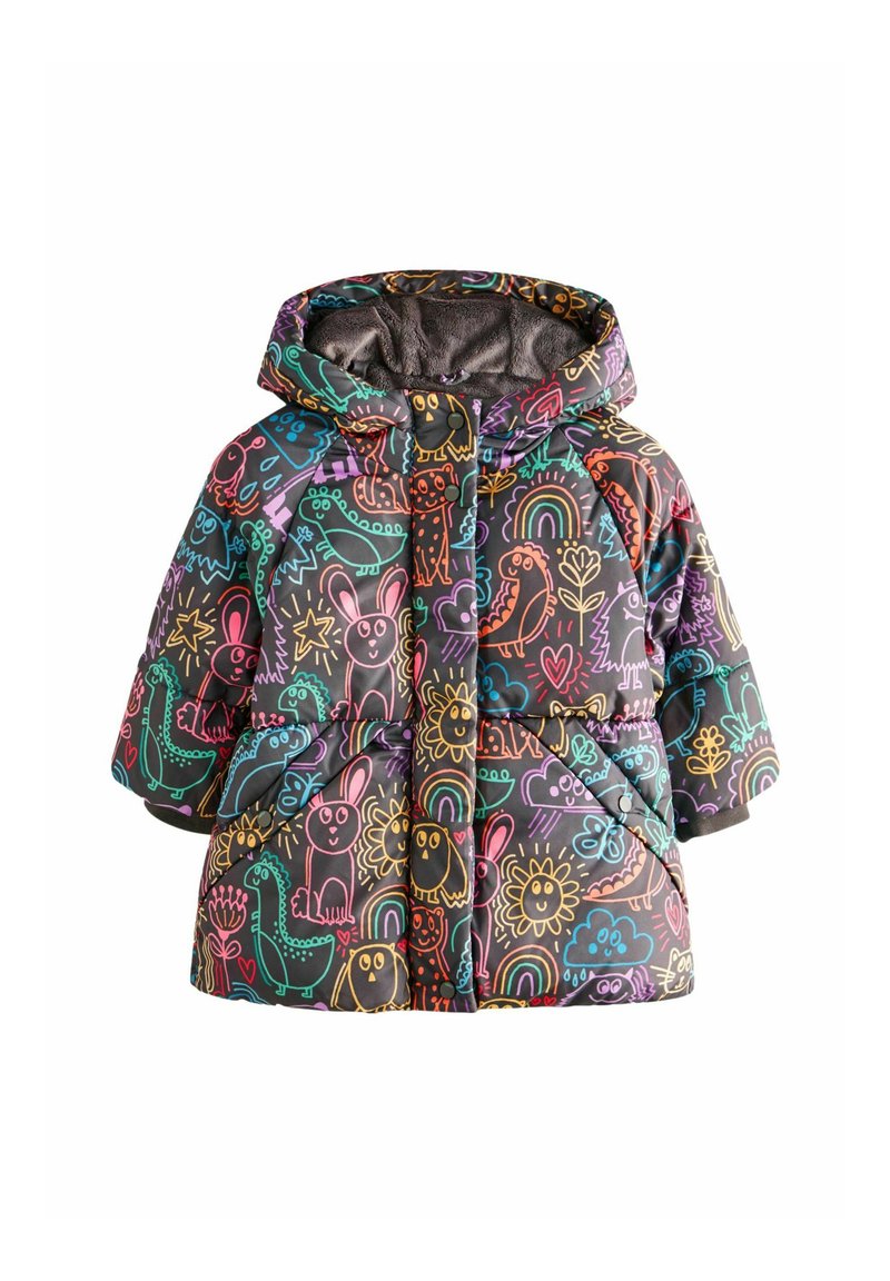 Quilted pufferjakke på mørk baggrund med farverige dyre- og naturmønstre. Har hætte og forlommer for varme og stil.