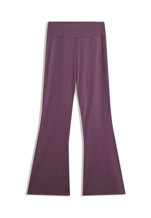 Pantaloni a vita alta viola a gamba larga realizzati in tessuto morbido, esposti su uno sfondo bianco.