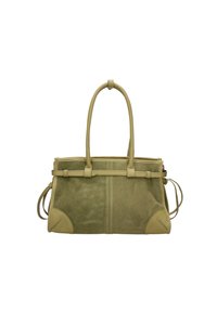 Borsa in suede verde oliva con dettagli in pelle liscia, manici doppi e una forma strutturata. Presenta un dettaglio a fibbia e cinturini laterali.