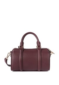 Sac à main en cuir bordeaux avec deux poignées supérieures et une bandoulière amovible. Présente une surface texturée et des accents en métal doré.