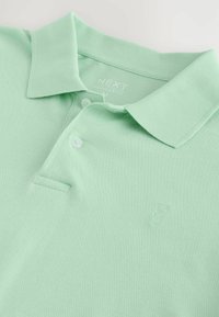 Polo vert clair avec un col replié, deux boutons et un logo brodé discret sur la poitrine.