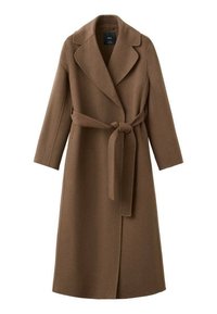 Brązowy wełniany płaszcz z paskiem w talii, kołnierzem szalowym i długimi rękawami. Charakteryzuje się prostym krojem i gładką fakturą.
