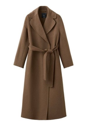 Bruine wollen jas met een ceintuurlijf, sjaalkraag en lange mouwen. Heeft een rechte snit en een gladde textuur.