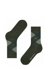 Chaussettes vert foncé avec un motif argyle en vert clair et brun. Comprend un petit logo et des coutures contrastantes. Matière en mélange de coton.