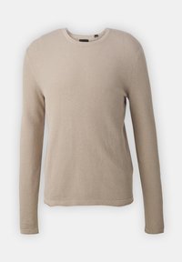 Beżowy dziergany sweter o fakturze plastra miodu, z okrągłym dekoltem i długimi rękawami. Prosty design i miękka tkanina.