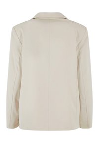 Blazer beige cintré avec manches longues, détail de couture au dos et col classique, présenté de dos sur fond blanc.