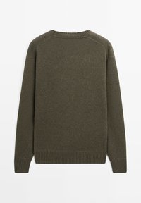 Dunkelolivgrüner, gestrickter Pullover mit langen Ärmeln, gerippten Bündchen, Saum und Rundhalsausschnitt, von hinten auf weißem Hintergrund gezeigt.