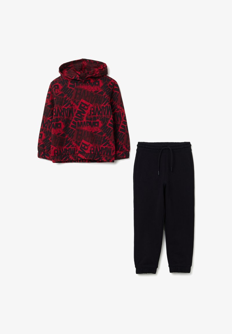 Red and black hooded sweatshirt with "MARVEL" text pattern, paired with black sweatpants featuring elastic waistband and cuffs.