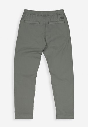 Light gray elastic waistband pants with two back pockets, straight legs, and a smooth texture, designed for comfort and ease of wear.