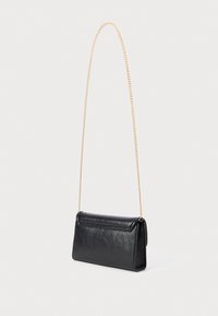 Black leather crossbody bag with a metallic chain strap, rectangular shape, textured surface, and a zippered compartment.