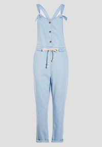 Tuta in denim azzurro chiaro con spalline regolabili, bottoni frontali e una cintura intrecciata in vita. Design a gamba dritta con risvolti.