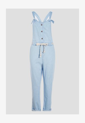 Helles blaues Denim-Overall mit verstellbaren Bindeträgern, vorderen Knöpfen und einem geflochtenen Gürtel an der Taille. Gerades Bein-Design mit aufgerollten Säumen.