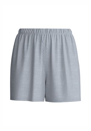 Lichtgrijze shorts met elastische taille, losse pasvorm en twee kleine knoopjes aan de voorkant over de gulp.