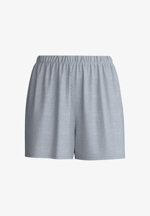 Lichtgrijze shorts met elastische taille, losse pasvorm en twee kleine knoopjes aan de voorkant over de gulp.