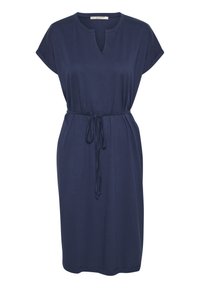 Tmavě modré bavlněné šaty s krátkými rukávy, výstřihem ve tvaru klíčové dírky a stahovacími šňůrkami v pase pro nastavitelný střih. Hladká textura a délka ke kolenům.