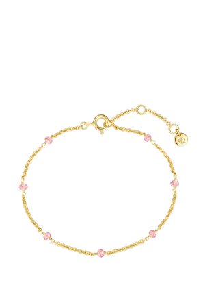 Pulsera de cadena dorada que cuenta con seis acentos de cristal rosa, con un cierre de langosta redondo y una extensión de cadena ajustable.
