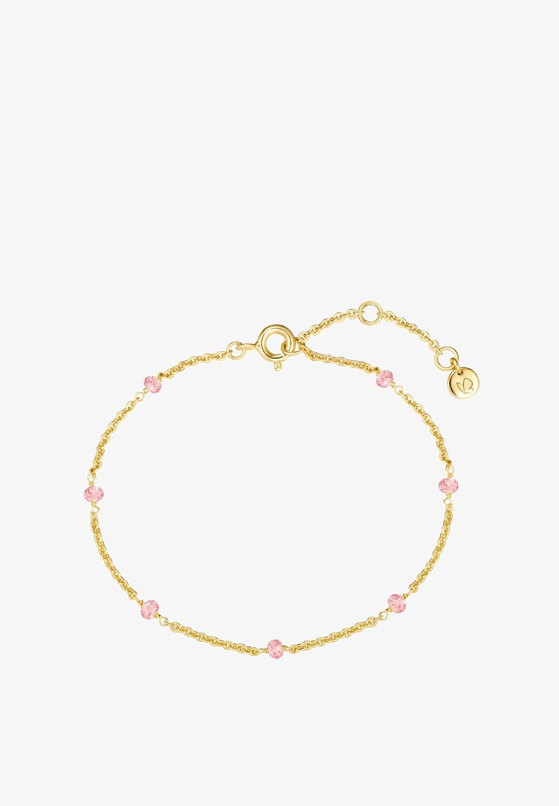 Zelta ķēdīte ar sešām rozā kristāla akcentiem, aprīkota ar apaļu astoņkāju skavu un regulējamu ķēdītes pagarinājumu.
