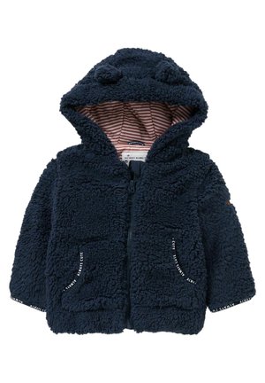 Veste pour tout-petit bleu marine duveteuse avec des oreilles sur la capuche, fermeture éclair devant, deux poches avant et doublure intérieure rayée.