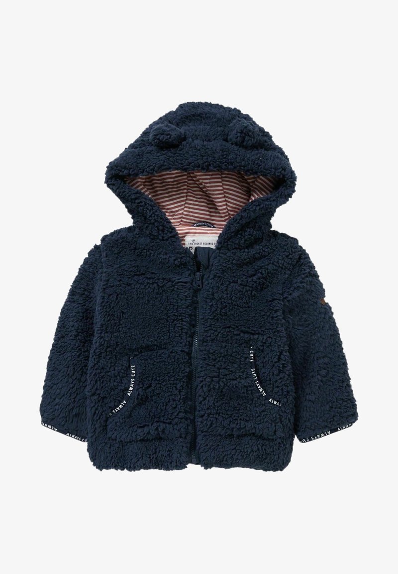 Veste pour tout-petit bleu marine duveteuse avec des oreilles sur la capuche, fermeture éclair devant, deux poches avant et doublure intérieure rayée.