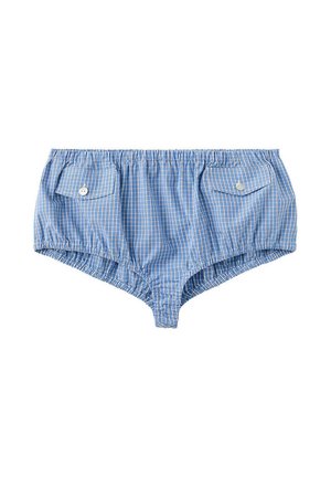 Short boxer à carreaux bleus et blancs avec taille élastique et deux poches rabat boutonnées à l'avant.