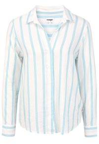 White long-sleeve shirt with blue vertical stripes, button-down front, and a pointed collar. Made of lightweight fabric with a smooth texture.