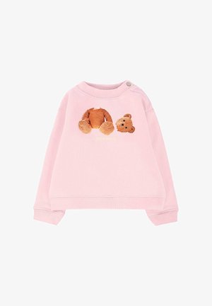 Roze sweatshirt met een ronde halslijn en lange mouwen. Bevat een geprint teddybeer met textuur en de merknaam "Palm Angels" in het geel.