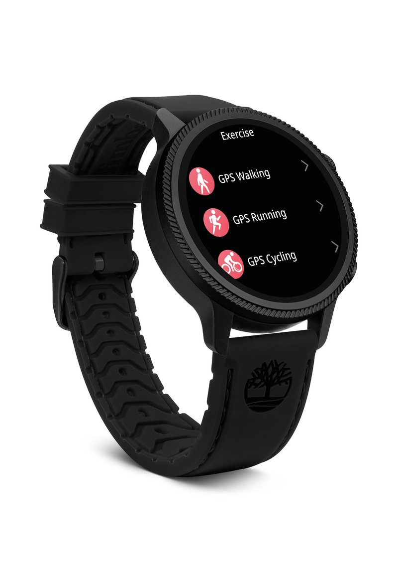 Black GPS smartwatch with a round face and textured silicone strap. Display shows options for walking, running, and cycling exercises.