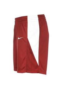 Pantaloni sportivi rossi con una striscia diagonale bianca, realizzati in materiale traspirante. Presentano un elastico in vita e un piccolo logo Nike bianco.