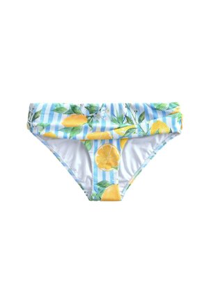Slip bikini a vita bassa con righe blu e bianche e stampa gialla di limoni con foglie verdi su tessuto strutturato.