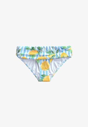 Slip bikini a vita bassa con righe blu e bianche e stampa gialla di limoni con foglie verdi su tessuto strutturato.