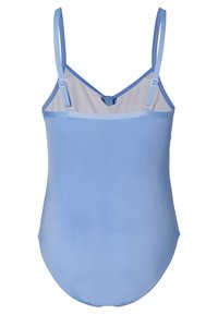 Helles blaues Badeanzug mit dünnen Trägern, glatter Textur und rundem Rückenteil. Besitzt einen subtilen Farbverlauf von dunkleren zu helleren Farbtönen.