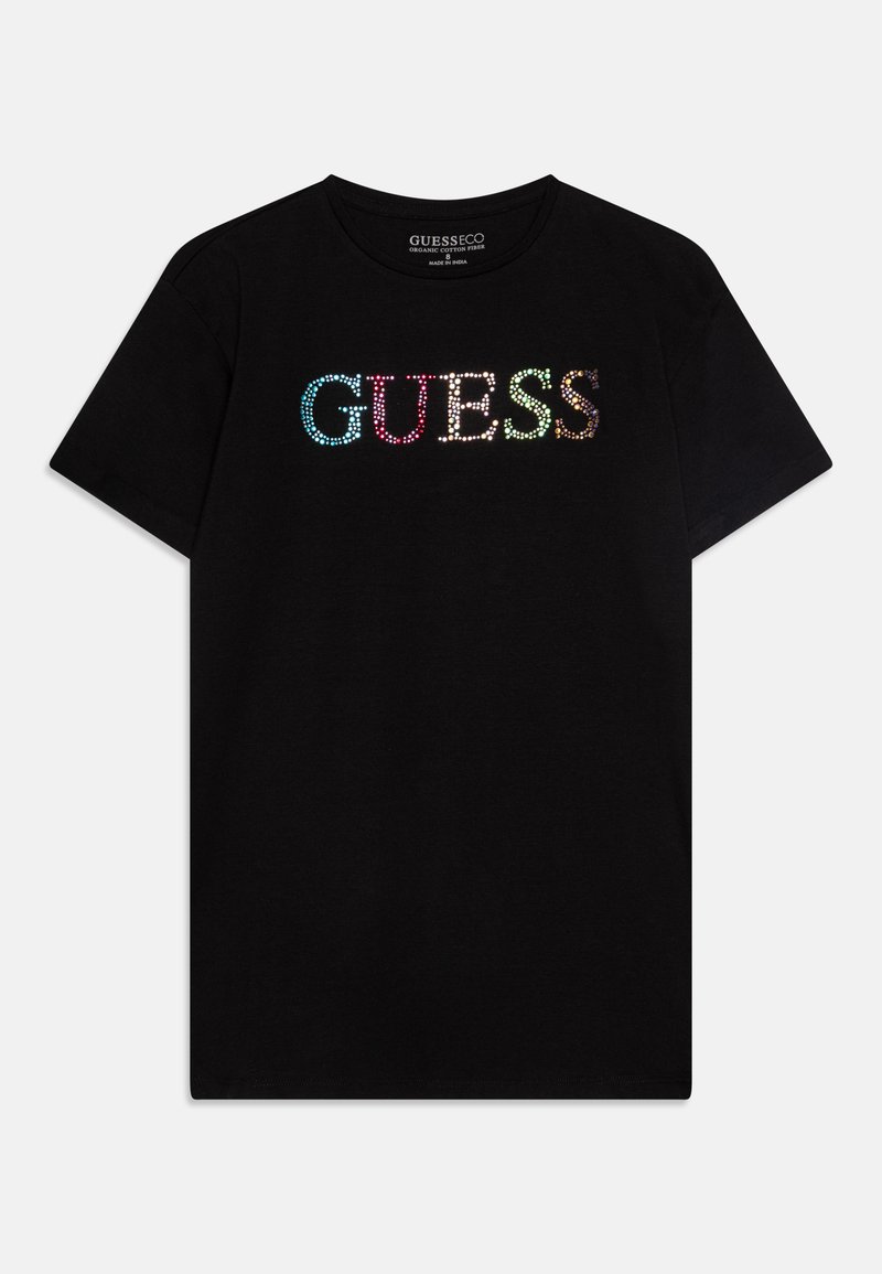 Schwarzes Baumwoll-T-Shirt mit kurzen Ärmeln, das ein mehrfarbiges Strass-Logo "GUESS" auf der Brust trägt. Rundhalsausschnitt.