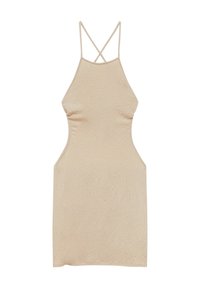 Robe sans manches beige en tissu texturé, avec un buste ajusté, des côtés ouverts et des bretelles croisées dans le dos.