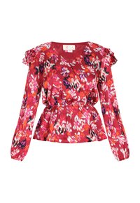 Blusa floreale rossa con maniche lunghe, scollo a V e vita peplum. Presenta dettagli arricciati sulle maniche e un motivo astratto colorato.