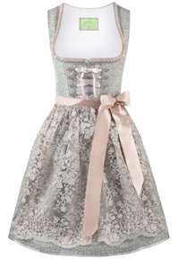 Lace-trimmed dress with a fitted, mint green bodice, light pink ribbon accents, and a full, embroidered skirt with floral patterns.