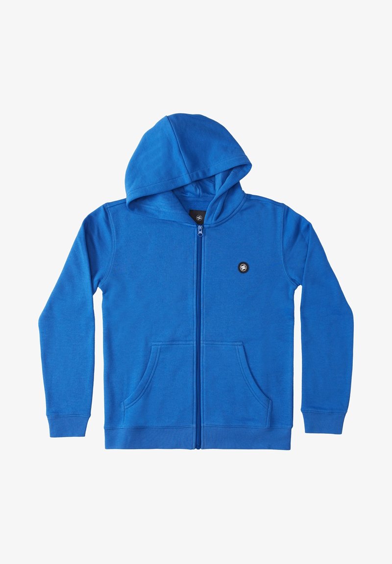 Sweat à capuche bleu zippé intégralement avec poches avant, capuche attachée, manches longues, poignets côtelés et petit logo rond noir sur le côté gauche de la poitrine.