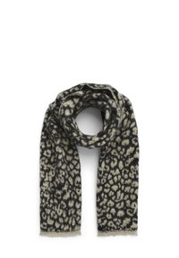Szalik w wężowy wzór w czerni i kremie, wykonany z miękkiego materiału, z frędzlami na brzegach i lekko teksturowanym wykończeniem.