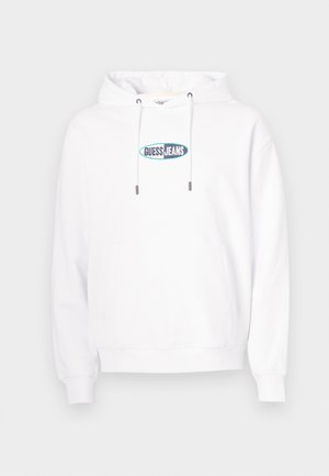 Balta su gobtuvu bliuzonas su priekinė kišene ir mėlynai žaliu ovaliu „GUESS JEANS“ logotipu krūtinės centre, su reguliuojamu raišteliu gobtuve.