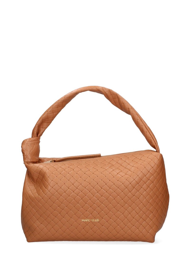 Borsa a mano in pelle intrecciata color bronzo con manico annodato, dotata di chiusura con zip e logo impresso sul davanti. Forma arrotondata e strutturata.