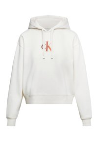 Hoodie crema realizzato in morbido tessuto, con un design cropped, tasca a marsupio e logo "CK" in colori sfumati sulla parte anteriore.